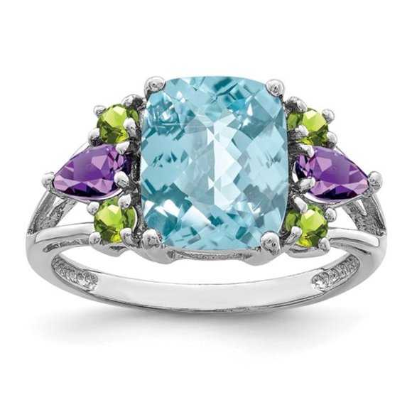 925 Sterling Silver Rhodium Light Swiss Blue Topaz, Amethyst and Peridot Ring - Picture 4 of 8